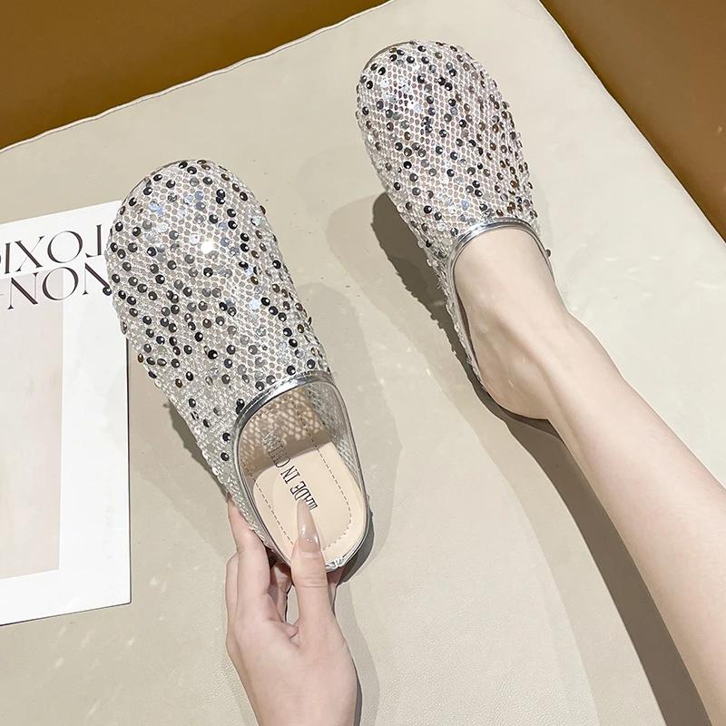Fashion 2025Spring Fashion Baotou Slippers for  Round Head Sequin Cloth Mesh Breathable Soft Sole Anti-slip Wear-resistant Flat Shoes