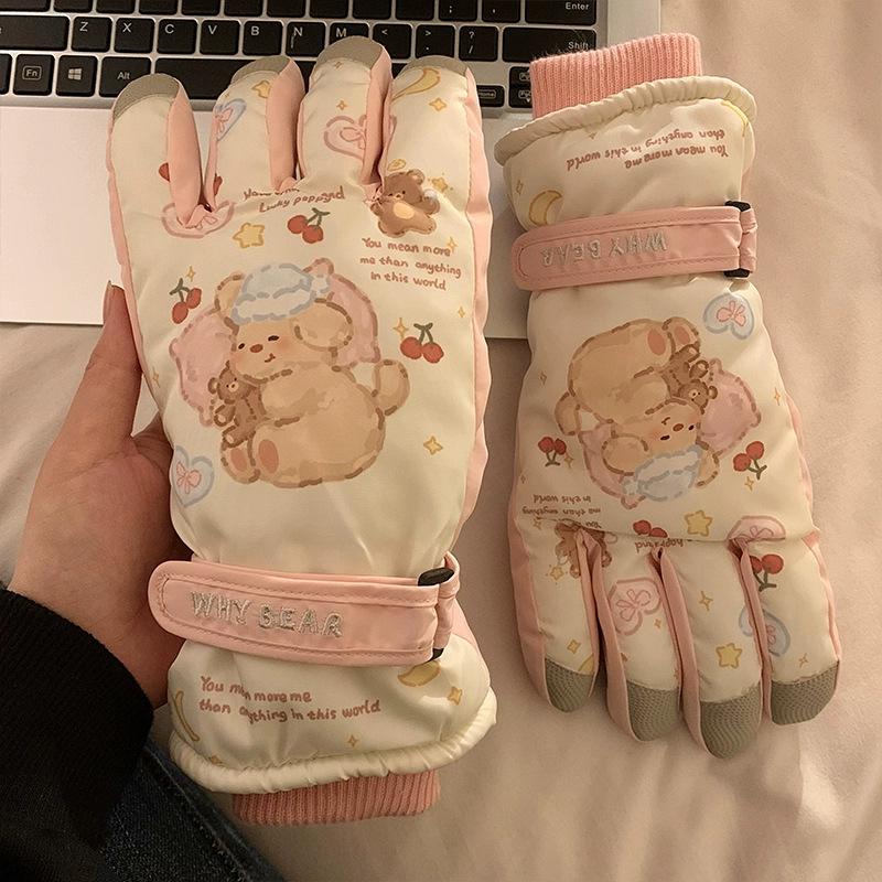 Dámské teplé lyžařské rukavice pro dotykové displeje - s sametovou podšívkou, voděodolné, s ochranou všech prstů pro cyklistiku a jízdu.