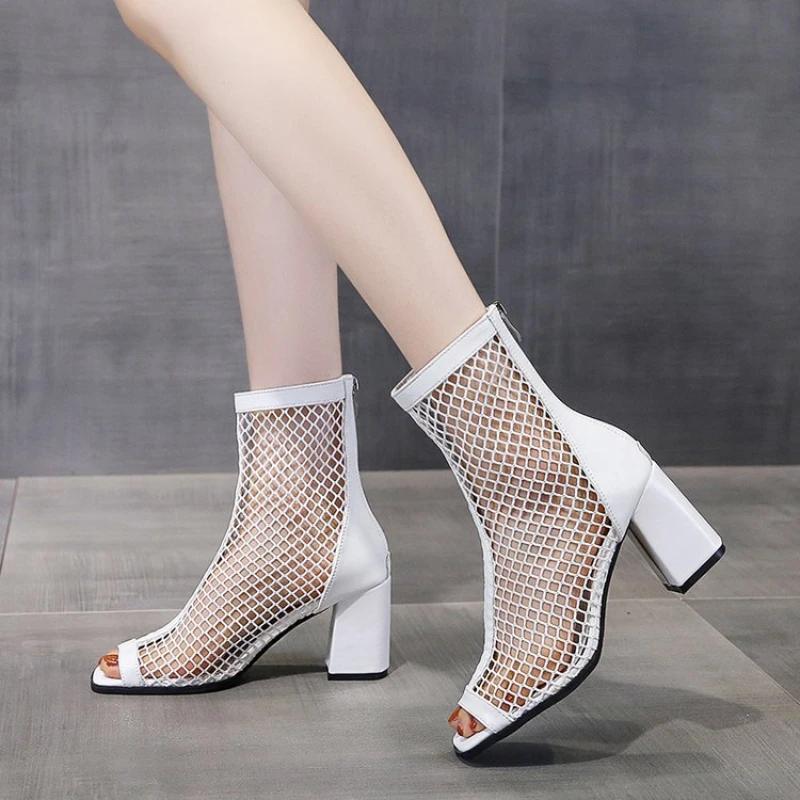 Summer Fashion Mesh Fish Mouth Short Tube High Heels Hollow Women Breathable Sandalias Mujer Boots Platform Zapatos Para Mujeres