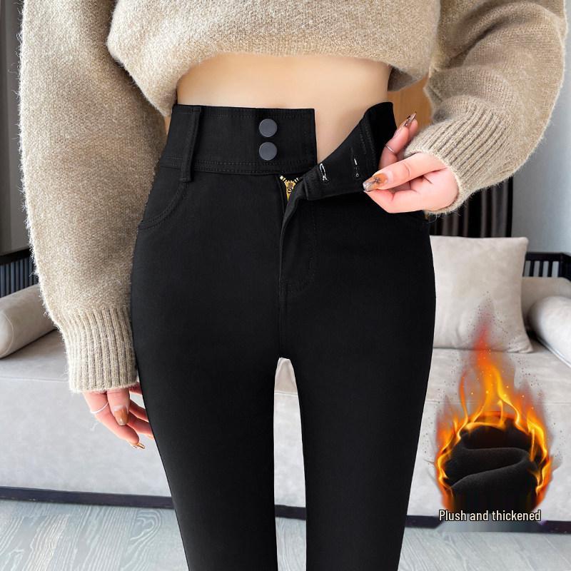 Women's High-Waisted Fleece-Lined Skinny Pants, 2025 Winter Style, Elastic Black Pencil Design for Indoor & Outdoor Wear