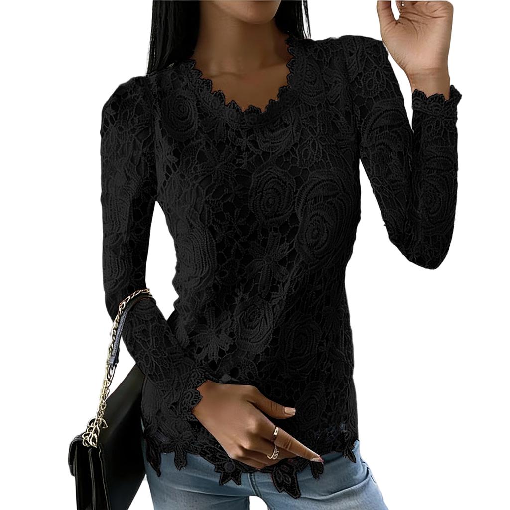 Dámský barevný ležérní elegantní krajkový top s kulatým výstřihem a dlouhým rukávem