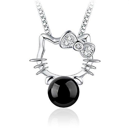 

LOVES Cat Kitty Necklace Pendant Onyx Black Silver Gift Pouch [Velvet Included]