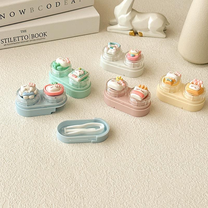 Cartoon Katze Kontaktlinsenetui Tragbare Mini Kontaktlinsenbox mit Pinzette Saugstab Set Reise Linsenaufbewahrung für Frauen Mädchen