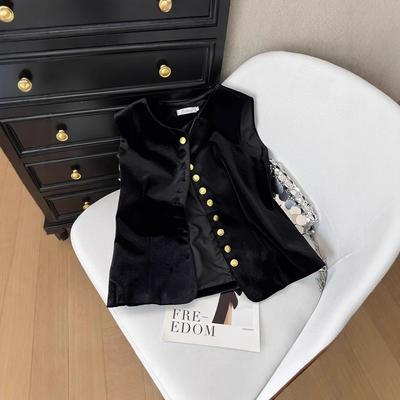 2025 Women's Vest, Small Fragrant Style, Black Velvet, Fashionable Outer Wear, Short Sleeveless Suit and Small Vest.