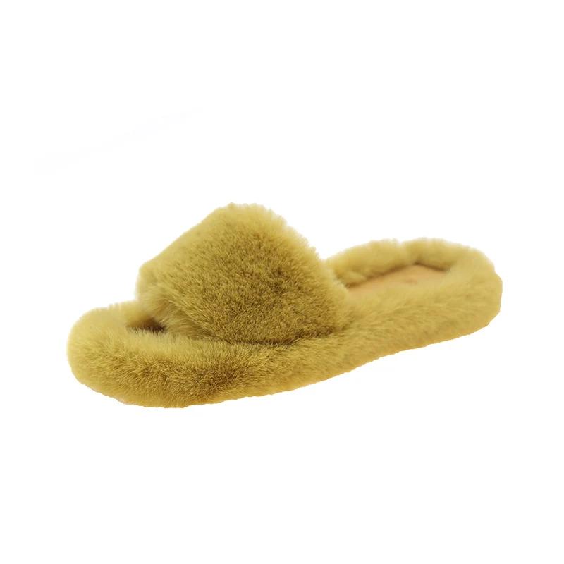 Pantoufles en fourrure épaisse à la mode, pantoufles en fourrure double, chaussures décontractées en coton pour la maison, pantoufles plates en peluche à bretelles croisées pour femmes