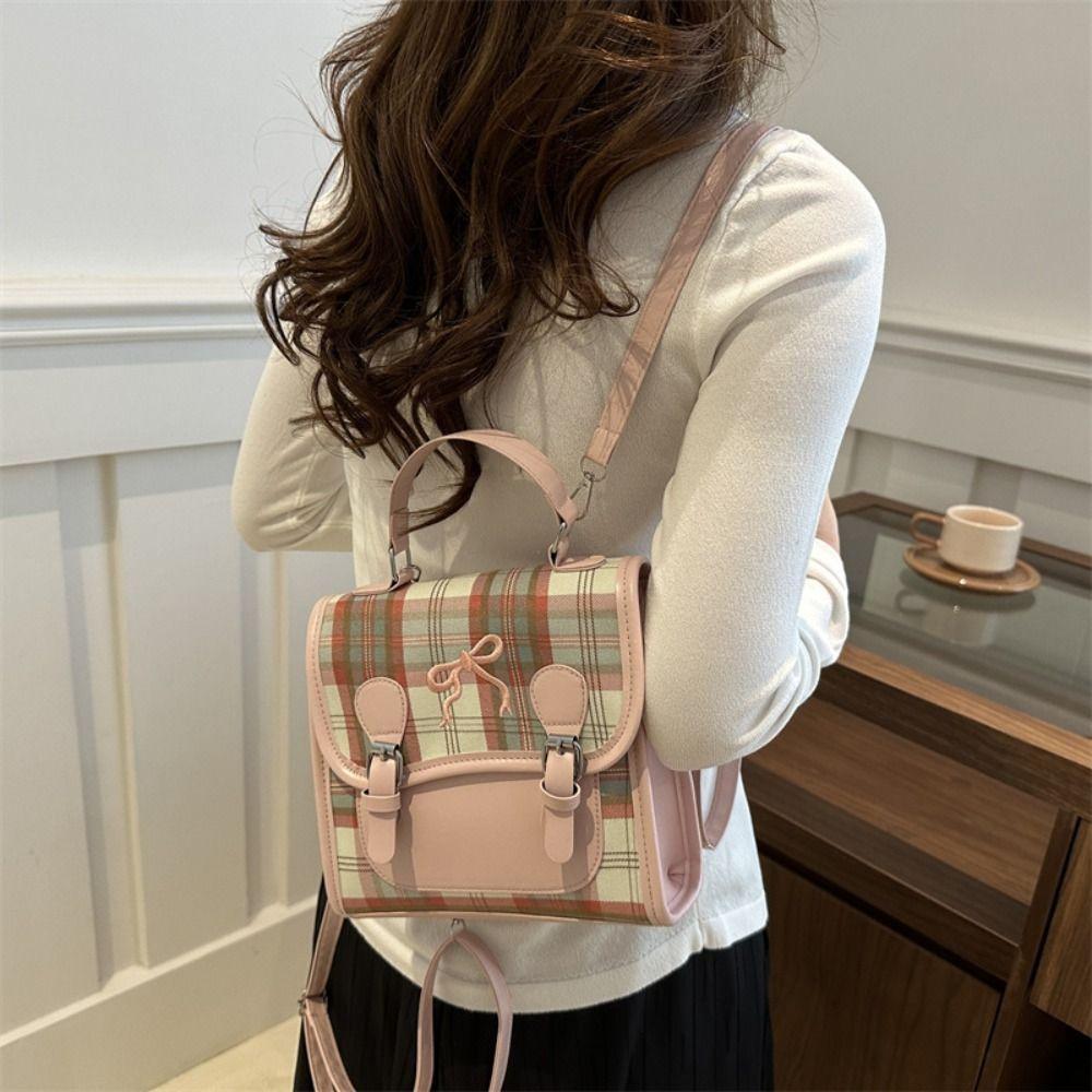 Mochila com Grade e Laço Bolsa de Mão PU para Adolescentes Bolsa Escolar Criativa Feminina Bolsa Transversal Presente