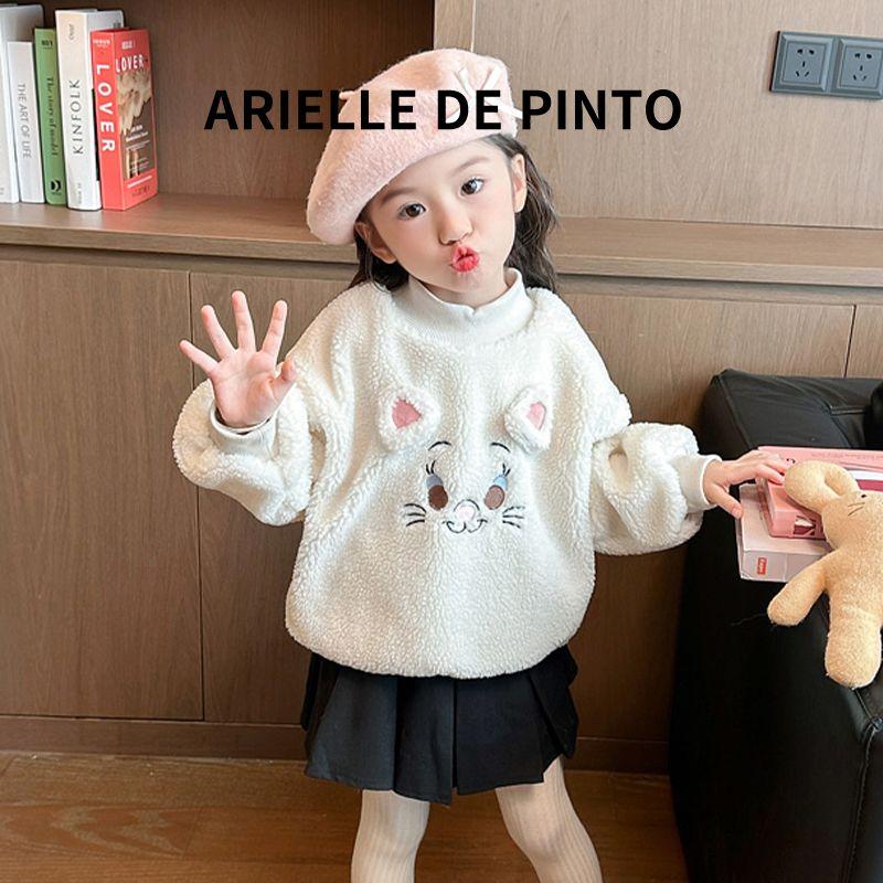 French Arielle De Pinto Girls  Fleece Sweatshirt Winter Cute Girl s Cat Embroidered Fur Sweater Beige 130