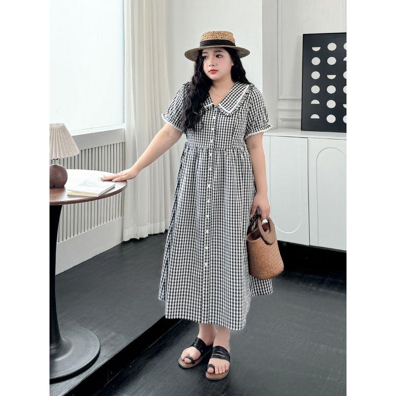 Plus size women clothing [Dew Fairy Tale] Summer French style Doll Collar Lace Stitching High Waist Slimming Plaid Dress