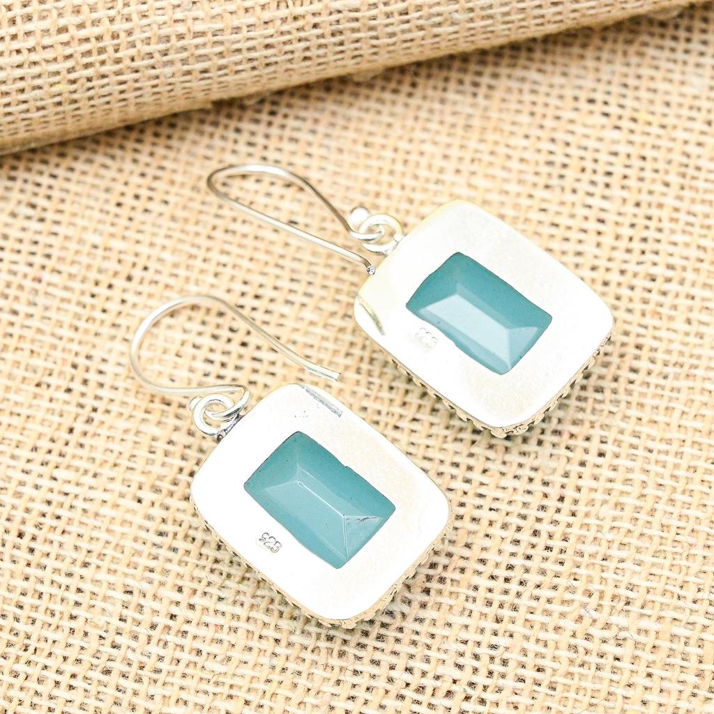 Pretty Blue Chalcedony Gemstone Handmade 925 Solid Sterling Silver Jewelry Earrings For Her