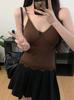 Women's V Neck Spaghetti Strap Cami Top Slim Fit Ballet Style Lace Bow Built-in Bra Cropped Tank Top
