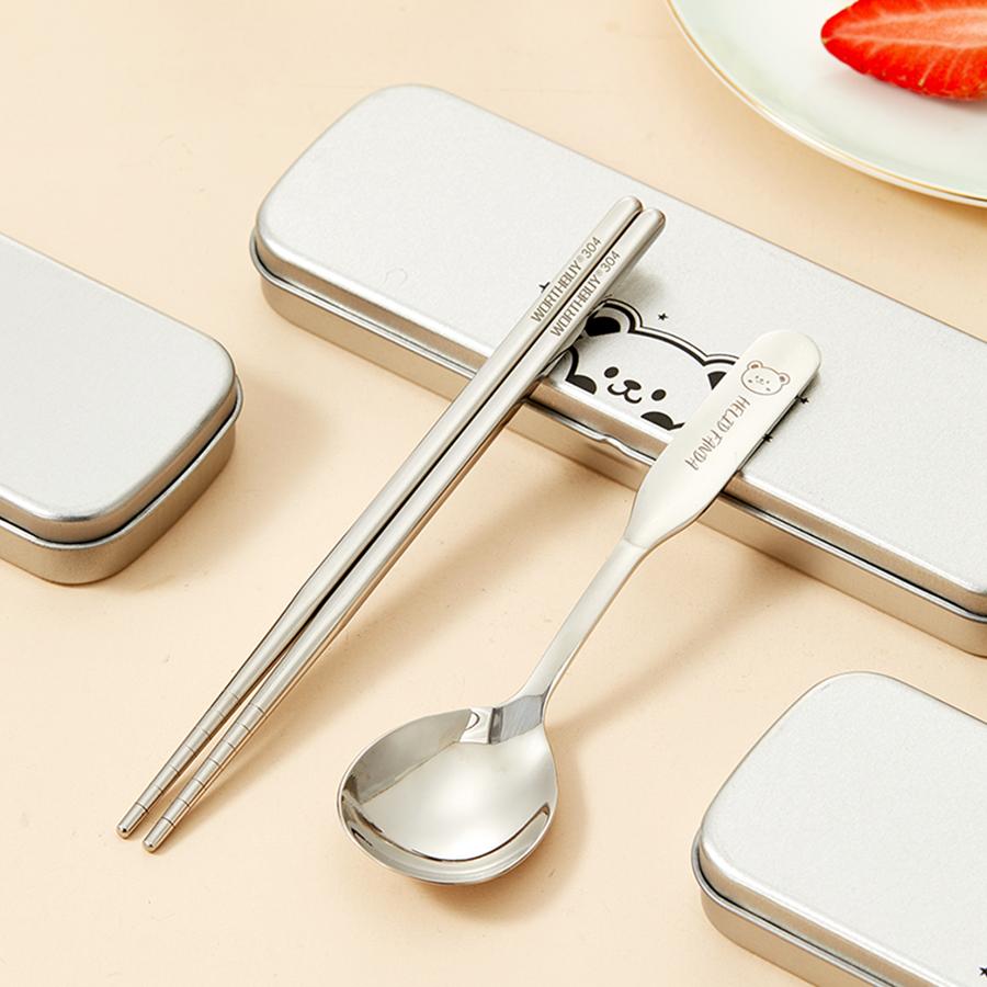 3pcs/set Cute Portable 316 Stainless Steel Tableware Chopsticks Spoons With Storage Box Reusable Outdoor Picnic Cutlery  Set
