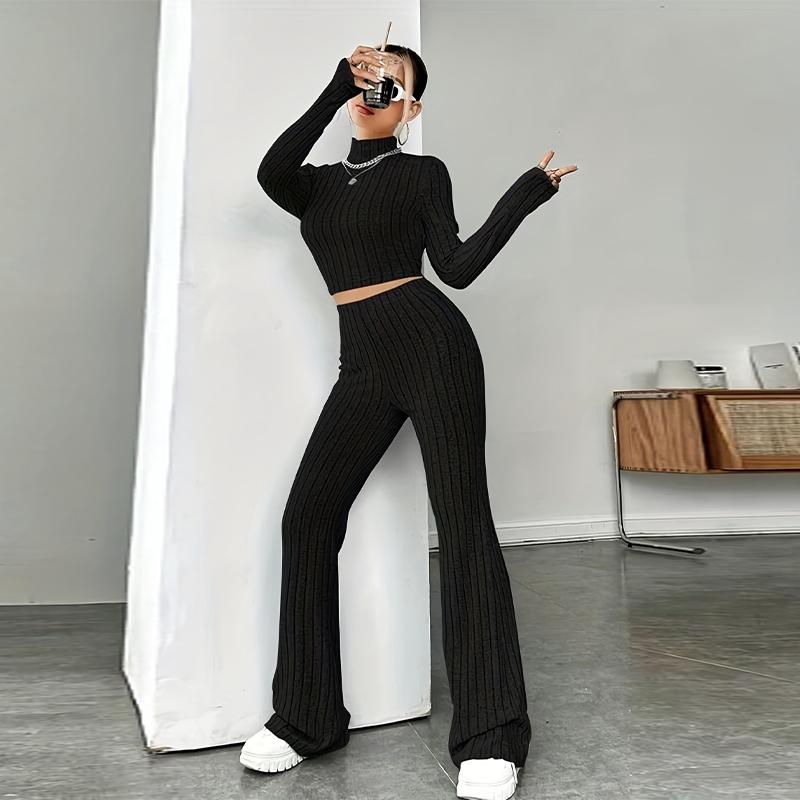Women's Knitted Pullover Pants Two Pieces Set Slim Long Sleeved Mock Neck Top High Waist Wide Leg Pant Outfits
