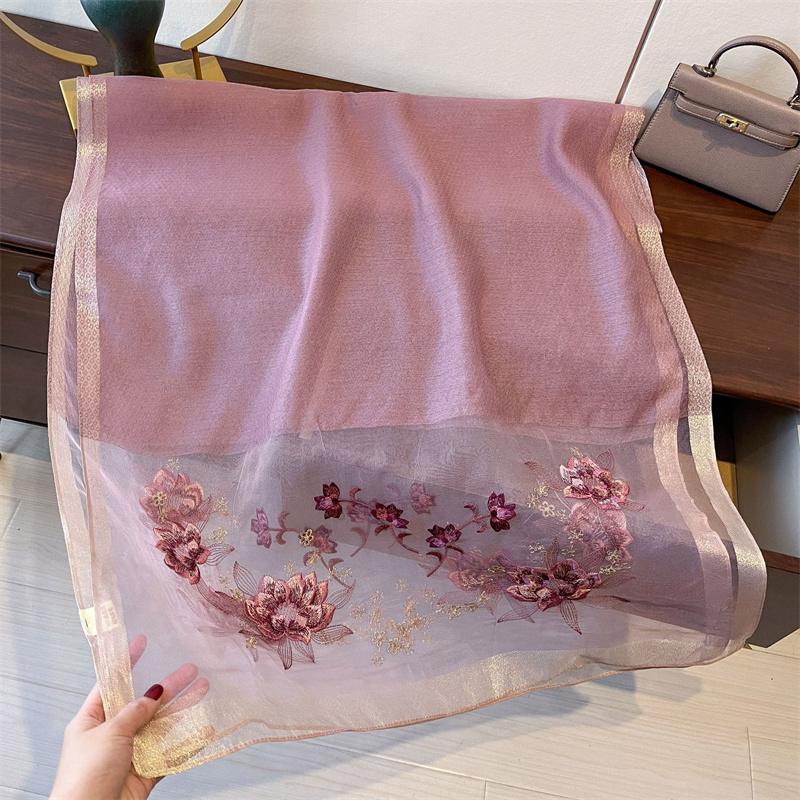 Elegant Long Embroidered Silk Feeling Scarf Women'S Fashion Spring New Style Shawl Wrap Outerwear Trendy Floral Pattern Stylish