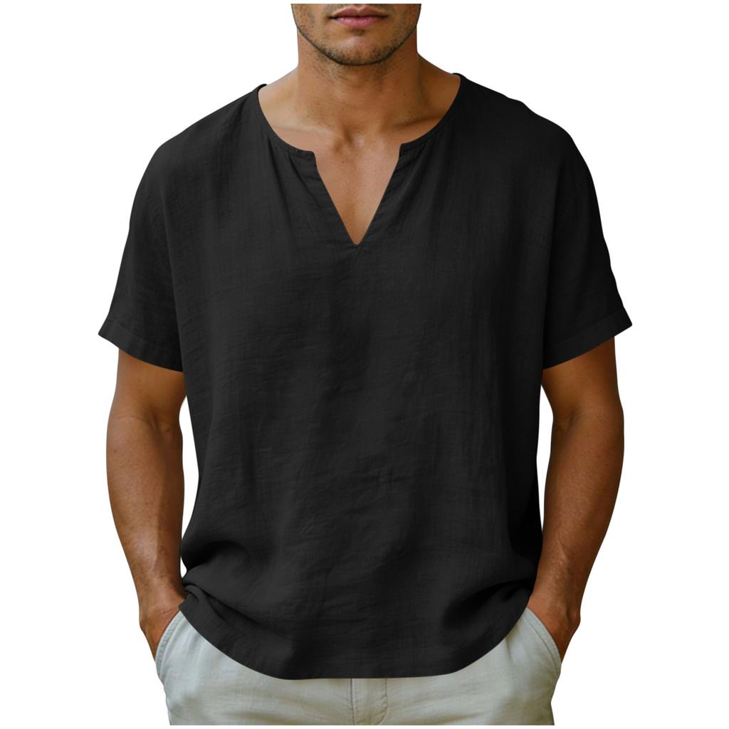 Men’s Short Sleeve V Neck Casual Loose Fit Linen T Shirt Lightweight Breathable Summer Basic Top for Daily Wear