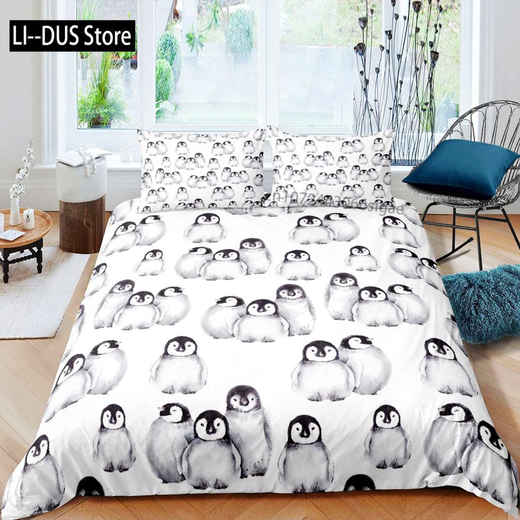 Watercolor Penguin Pattern Print Duvet Cover Set Bedding Set 3pcs for Kids Comforter Cover Soft Quilt Cover with 2 Pillow Case
