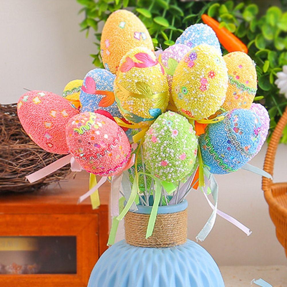 6pcs Foam Artificial Easter Eggs Stem DIY Crafts Simulation Egg Ornament  Happy Easter Decorations