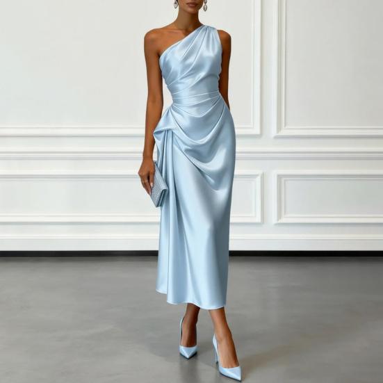 Women's One Shoulder Satin Prom Dress Summer Sleeveless Party Cocktail Midi Dress Ruched Bodycon Evening Wedding Guest Dress