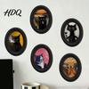 Abstract Expressionist Cat Prints Art Wall Decor Oval 2D Wood Framed Funny Painting Deconstructive Style Print Vintage Ornament for Living