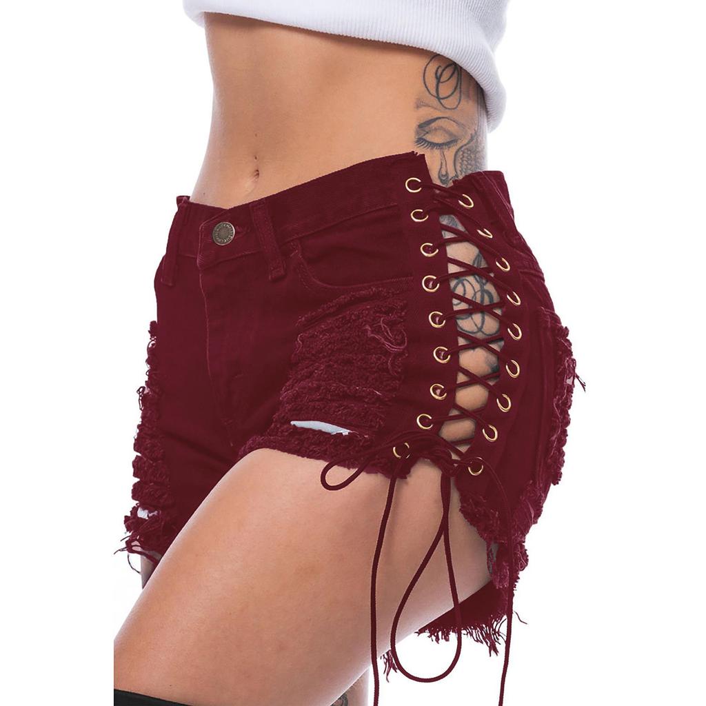 Beggar Ripped Women's Jeans with Eyelet Bandage - European and American Sexy Nightclub Hot Pants