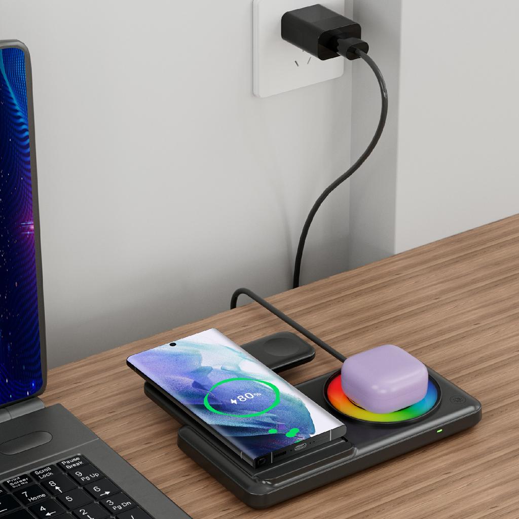Q50D 4 in 1 Foldable Wireless Charger Dock 15W Fast Charging Station with RGB Ambient Light for Mobile Phone Apple Watch AirPods