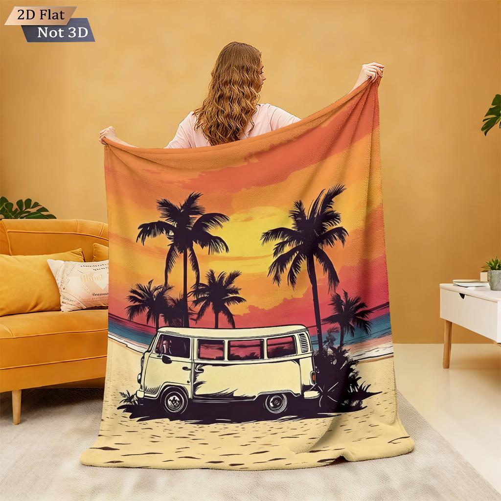 1pc Evening Beach Camping Car Printed Flannel Blanket in Multiple Sizes Soft and Comfortable Casual Napping Cover Carpet