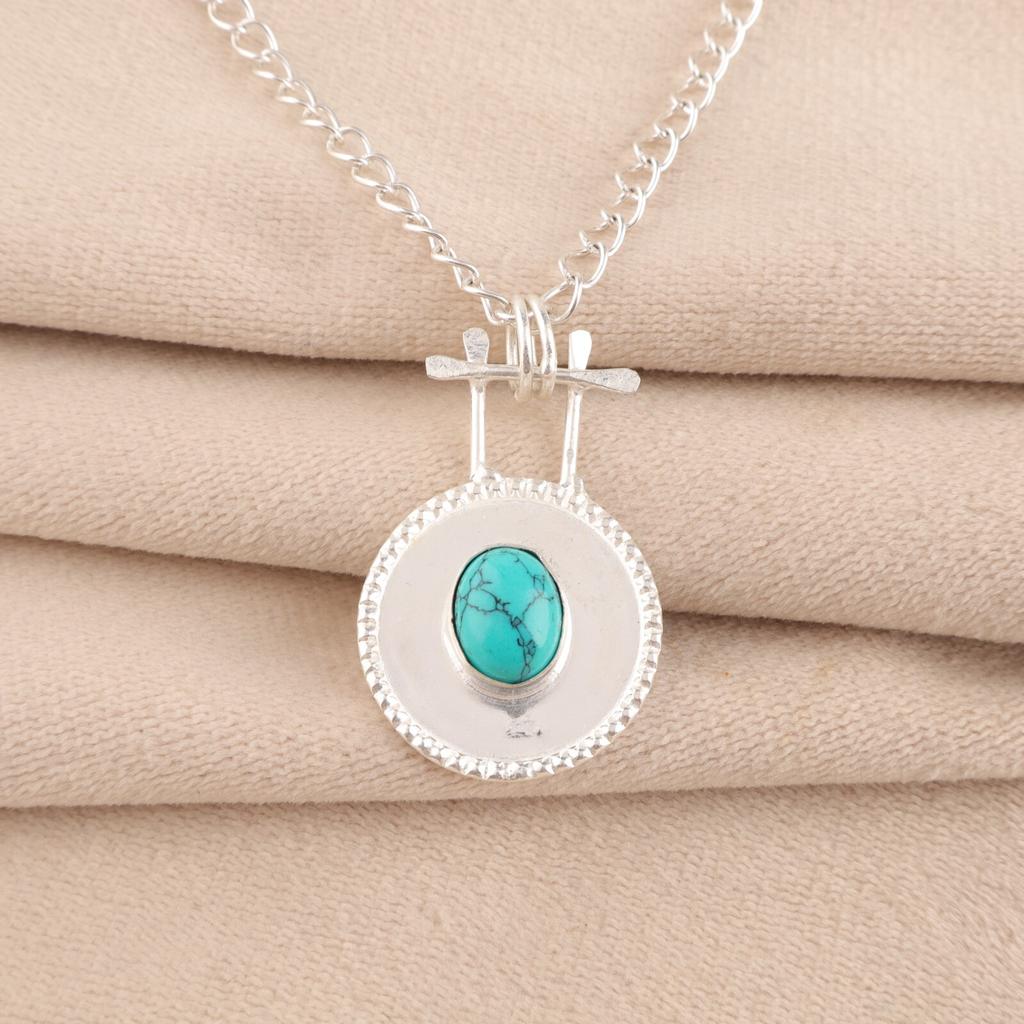 Natural Blue Turquoise Gemstone 925 Stamped Silver Jewelry Handmade Pendant 1.4" PP-57-22
