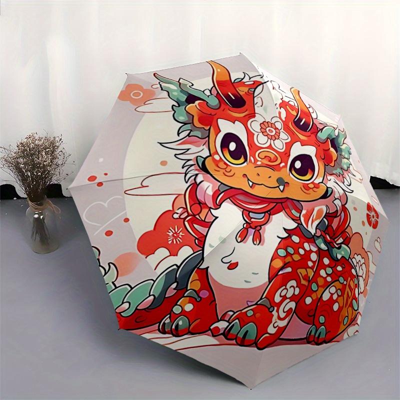 1pc Chibi Dragon with Floral Cartoon Umbrella, Portable 3-Fold Compact Umbrella, Suitable for Camping, Hiking and Travel, Ideal Easter Birthday Gift F