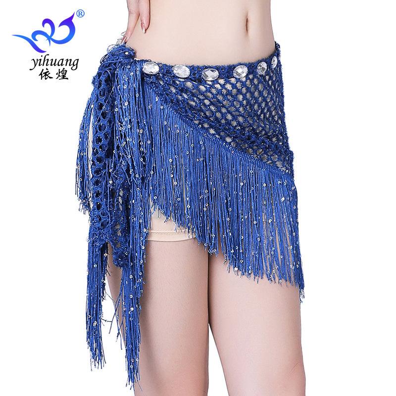 Women Sexy Bead Slice Waist Chain Belly Dance Show Costume Sequin Fringed Hip Scarf Dance Performance Lace Up Hollow Waist Scarf