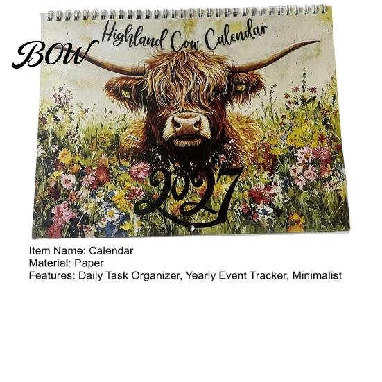 Home Office Organization Tool Highland Cow Calendar 2027, 12 Month Wall Hanging Planner with Ink Proof Large Daily Blocks, Organizer, Lover
