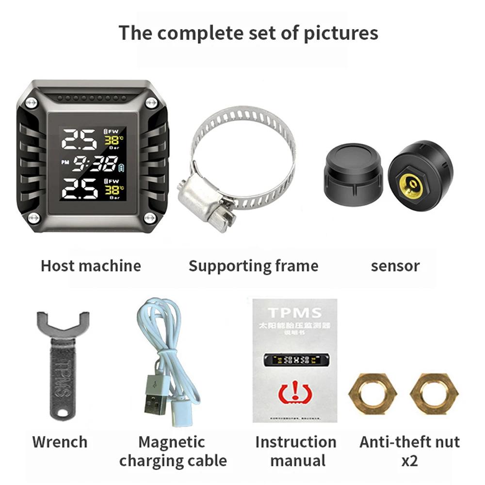 Farbiges LCD Motorrad TPMS 2 Externe Sensoren Reifendrucküberwachungssystem Wasserdicht mit Reifentemperaturalarm Zeitanzeige
