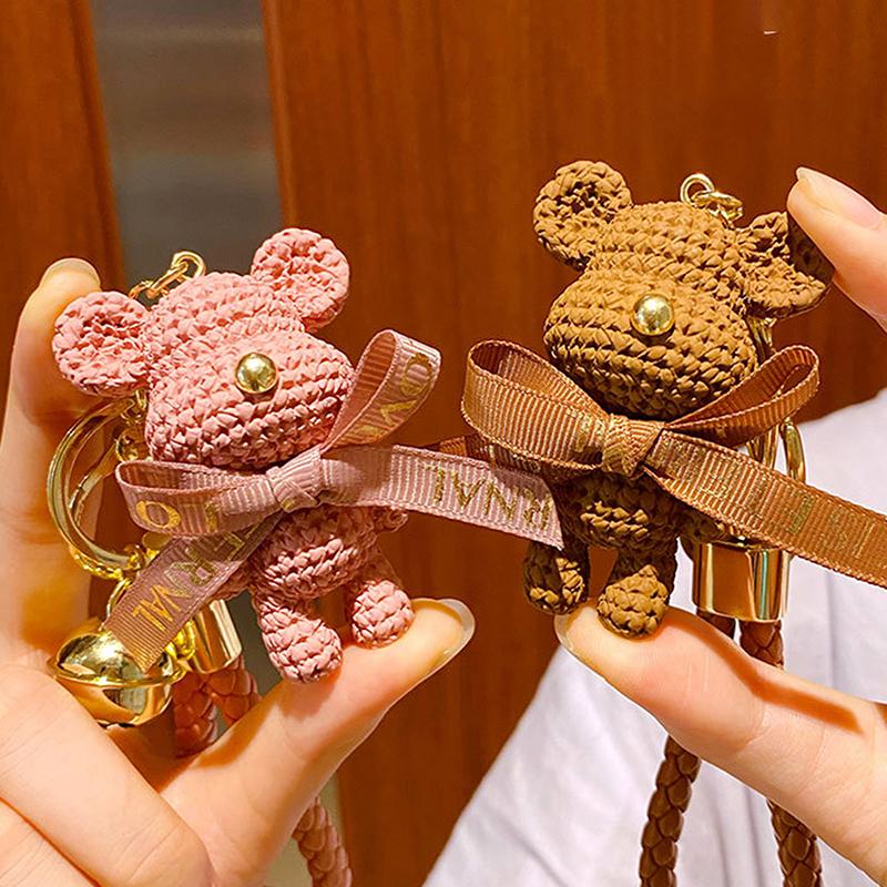 Cute Resin Keychain Charm Bow Bear Pendant For Women Bag Car Keyring Mobile Phone Fine Jewelry Accessories Kids Girl Gift