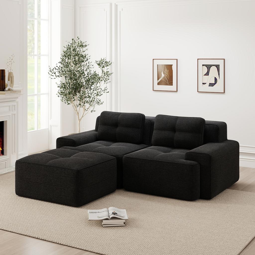 Knochenloses, Modernes L-förmiges Modulsofa für das Wohnzimmer mit tiefer Sitzfläche, Bequemes Cord-Wolkensofa mit Hocker, Geknöpftes Zweisitzer-Schlafsofa, Schwarz
