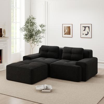 Boneless, Modern L-Shaped Modular Sofa for Living Room with Deep Seat, Comfortable Corduroy Cloud Sofa with Ottoman, Tufted Two-Seater Sofa Bed, Black