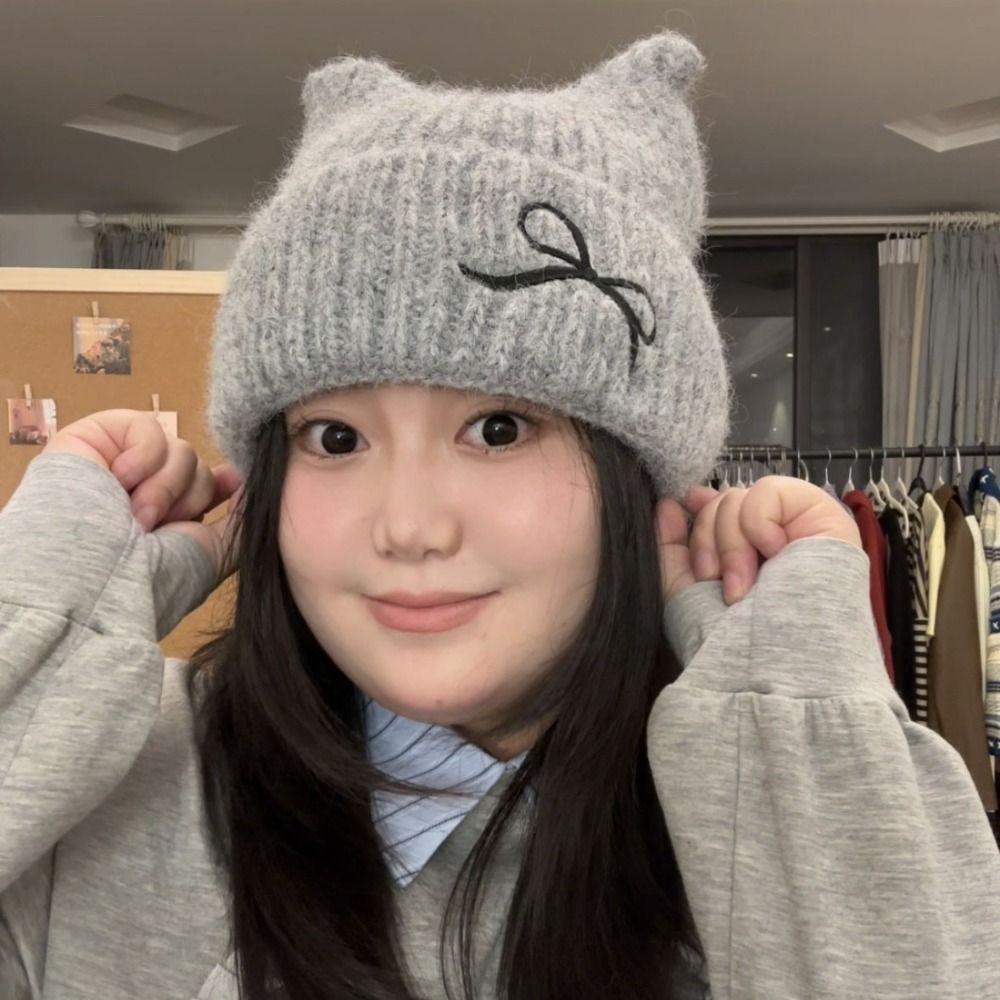 Solid Color Cat Ear Beanie Thickened Knitted Skullies Soft Knitted Woolen Hat  Autumn