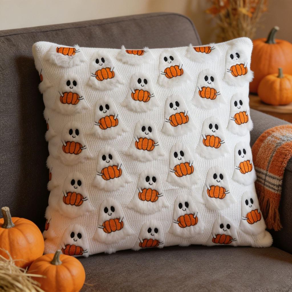 Ghost Pumpkin Plush Faux Fur Pillow Covers Soft Halloween Decor for Sofa Couch Bed Living Room White Orange Pillowcases 45x45CM