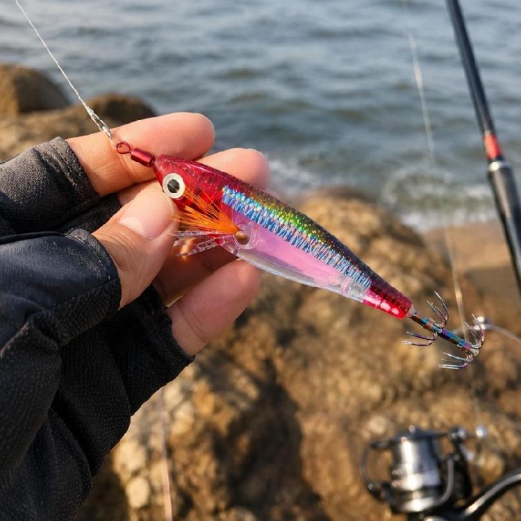 Squid Fishing Lure Set with 5 Solid Forms, Reflective Finish, Horizontal Sinking Action, Feather Skirts and Tail Point Design for Shoreline Use