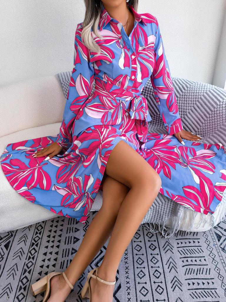 Abito Stampato con Colletto Revers Bottoni Vita Alta Elegante Abito Camicia per Donna Manica Lunga Abiti Ampi Abito Casual