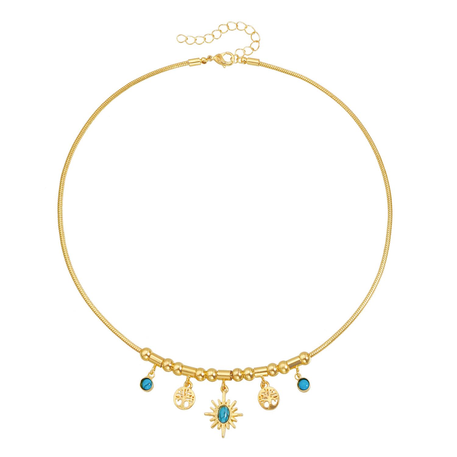 

Accessories Bohemian retro short necklace turquoise inlaid mango hollow tree of life necklace золотой