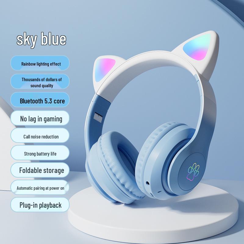Sky Blue Cat Ear Bluetooth Headphones with Breathing Light