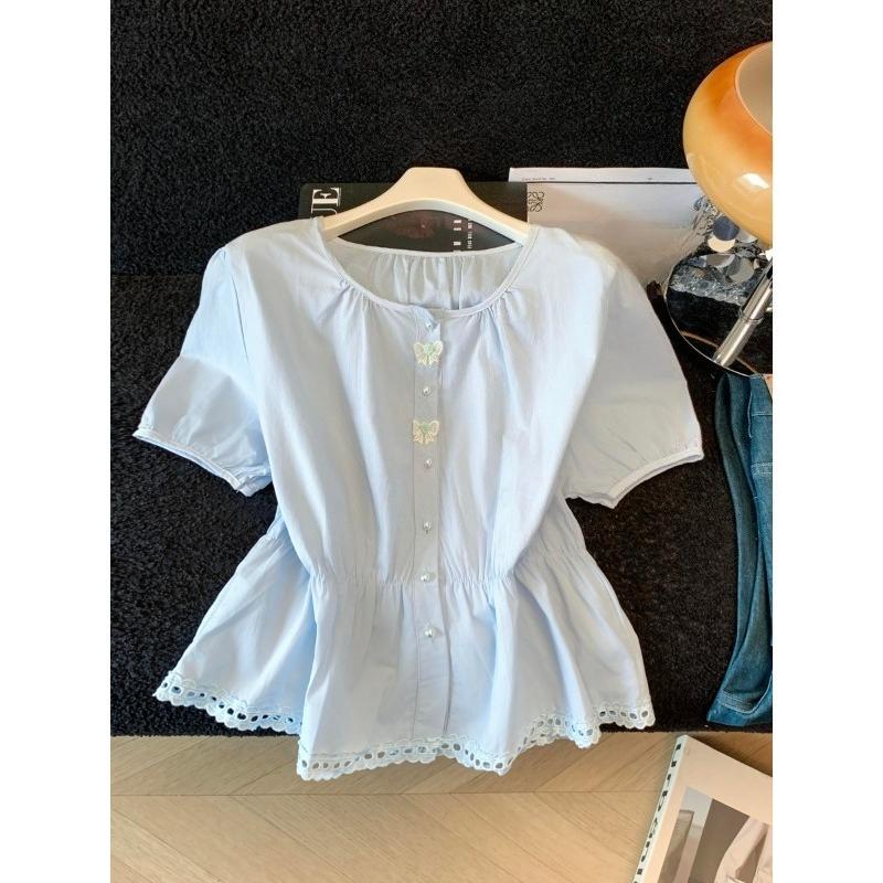 French Style Summer Women Sweet Blouse O Neck White Blue Bow Hollow Out Shirt Short Sleeve Elegant Feminine Ladies' Blouse