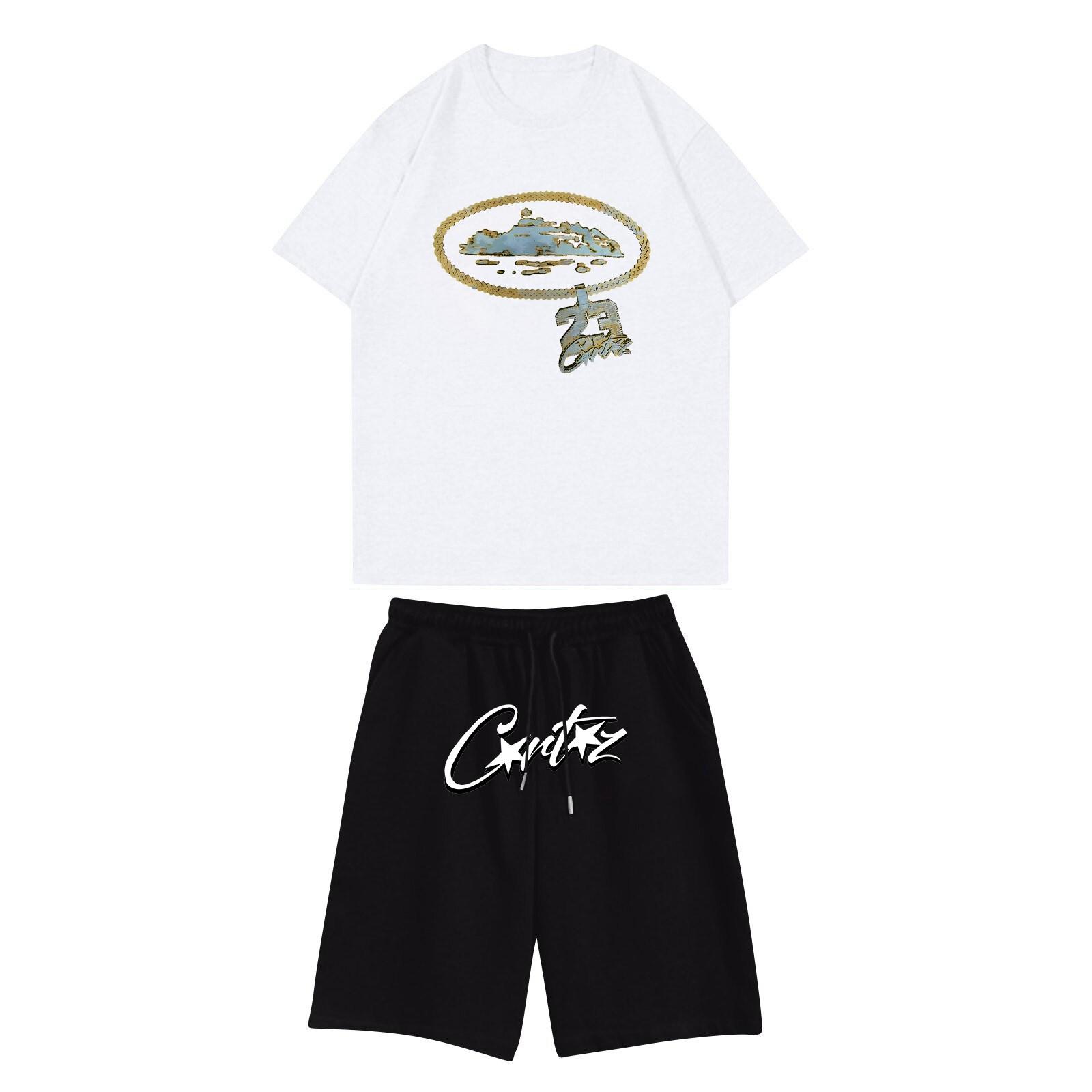 

Unisex Jogging Set Summer Casual Printed Round Neck Short Sleeve T-Shirt + Shorts Set Sports Suit S білий