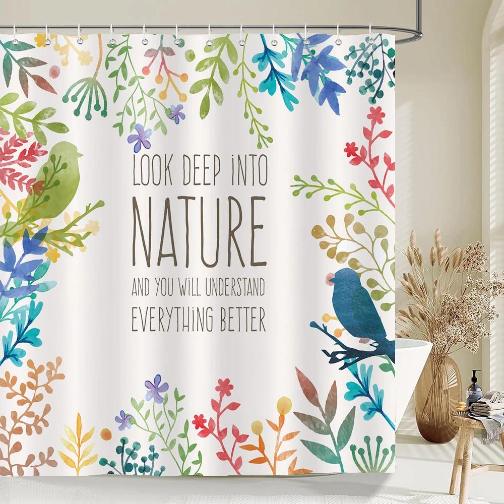 Plants and Floral Shower Curtain, Texture Fabric Bathroom Decor Watercolor Flowers and Plants Shower Curtians with Hooks