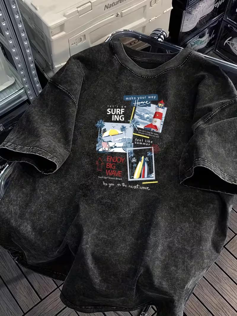 

New York Square Graphic TShirt Washed Black Retro City Streetwear Casual Crew Neck Short Sleeve Unisex Oversized Tee 2XL