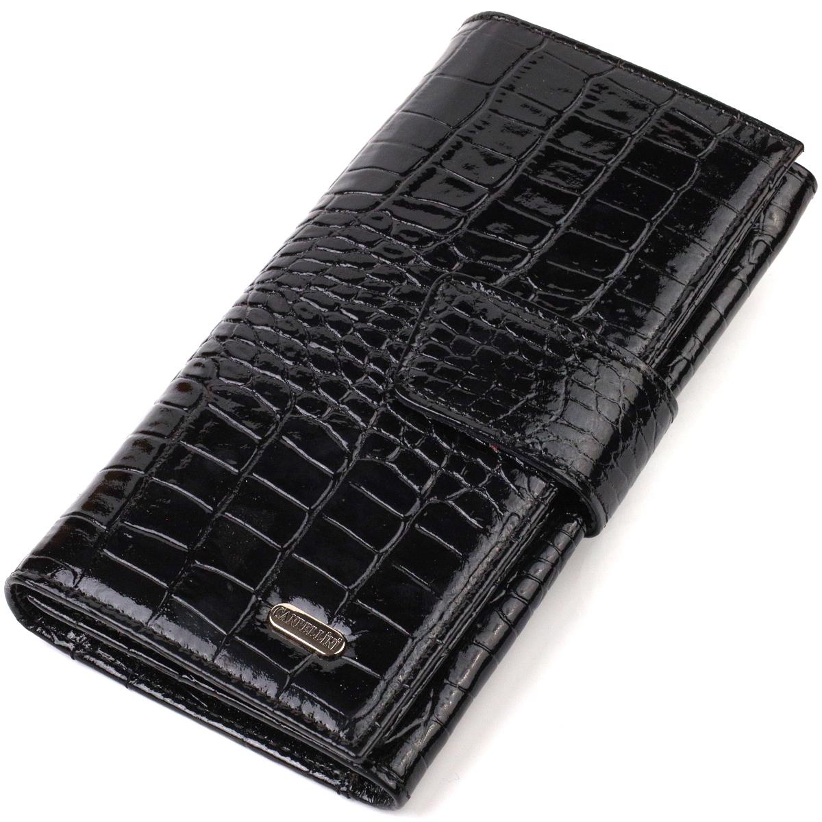 

Лаковане вертикальне чоловіче портмоне з натуральної шкіри з тисненням під крокодила CANPELLINI 21842 Чорний