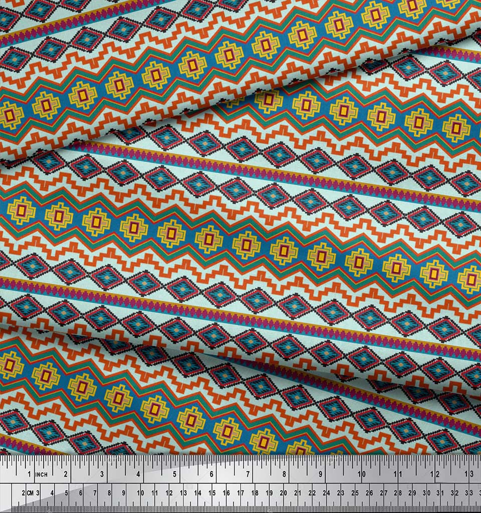 Soimoi Modrá japonská krepová saténová tkanina Aztec Geometric Print Fabric v metrech 42 palců