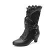 Elegantes Botas de Encaje Quemado con Lazo para Mujer con Cordones Botas de Caballero de Altura Media Botas de Tacón Alto 33-43 Botas de Talla Grande