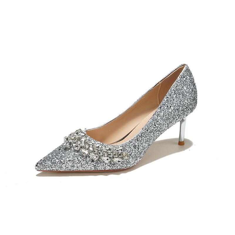 Sequined pearl applique stiletto high heels wedding shoes banquet dress comfortable and high-end women's shoes