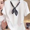 Plus Size Korean Silk Scarf Patchwork Slimming T-shirt for Women - 2025 Summer Fashion Short Sleeve Top