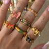Cross-border Retro Colorful Ethnic Butterfly Flower Rings, Unique Oil Dropped Minimalist Design Finger Rings
