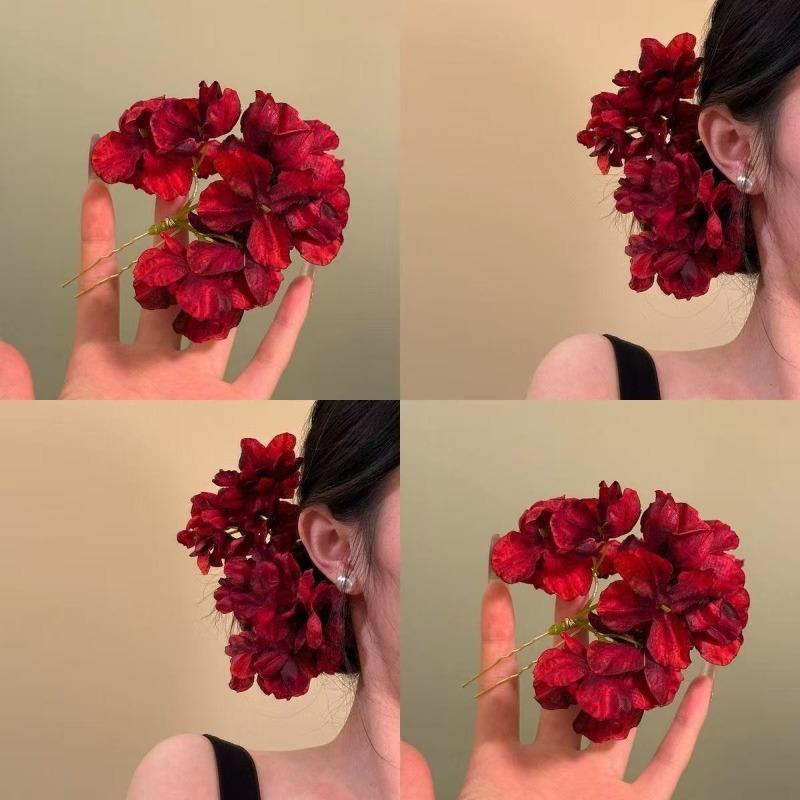 Retro Red Flower Hairpin, Wedding Bride Toast Flag Dress, Formal Dress Accessory, New Year Headwear